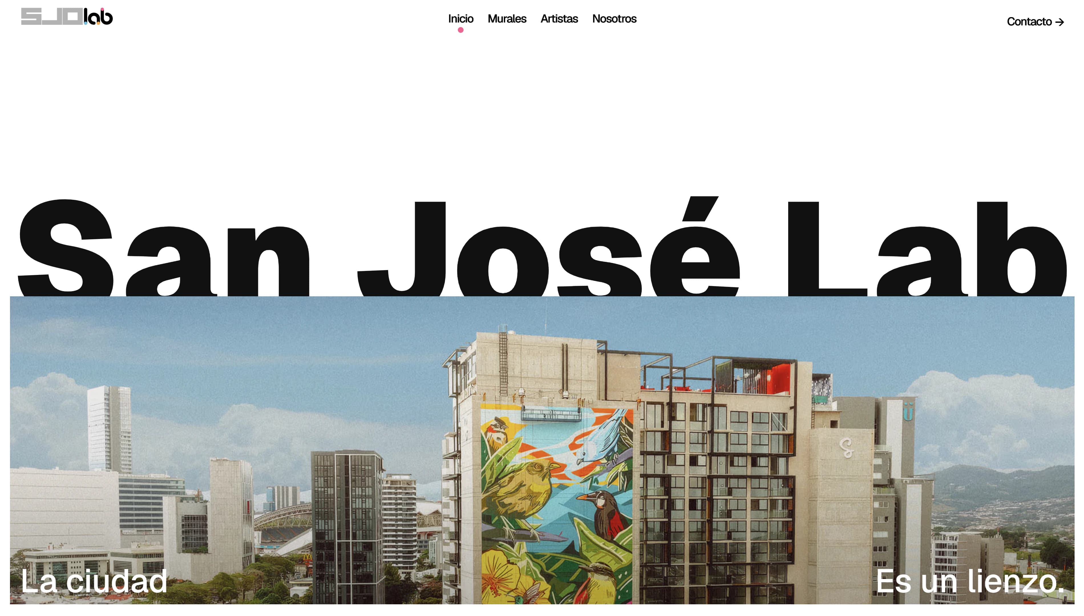 San José Lab website homepage featuring a city mural against the San José skyline
